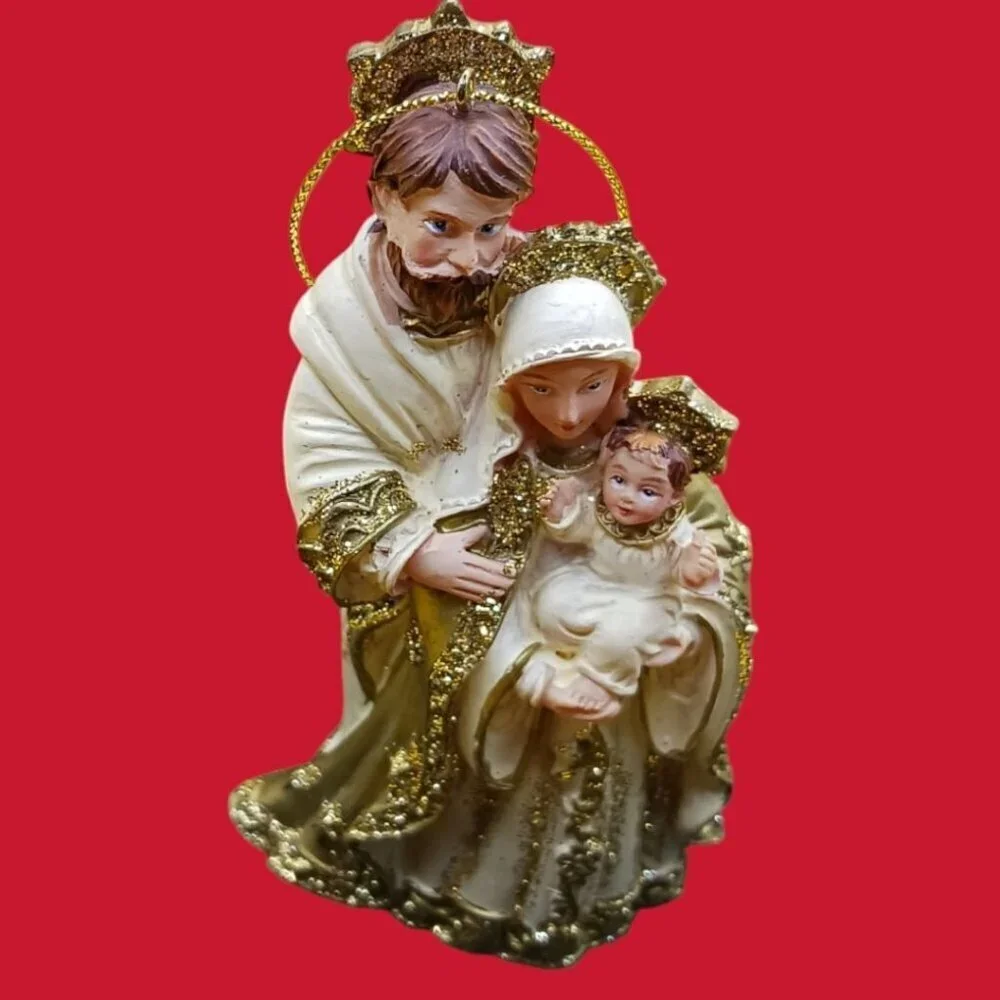 Holy Family Figurine Ornament In Gold & White